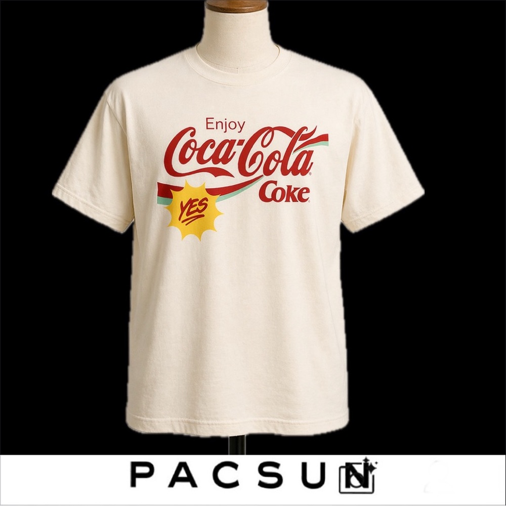 PacSun Cream Coca-Cola Logo Graphic Tee with Red and Yellow Accents